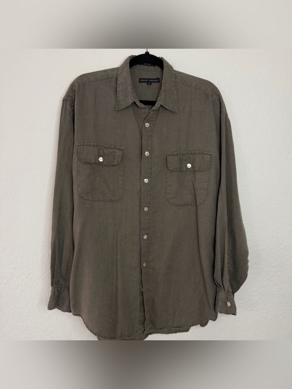 Mark Shale Men’s Size Large Gray Green 100% Linen Long Sleeve Button Down Shirt